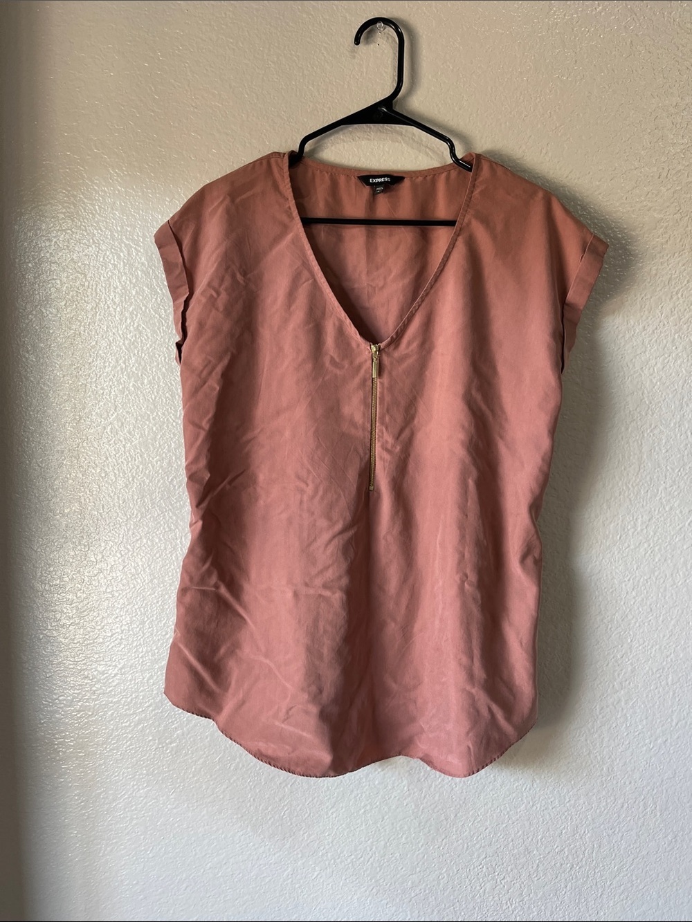 Express Rose Pink V-Neck Zip Front Cap Sleeve Blouse Sz L Summer Casual TC0251